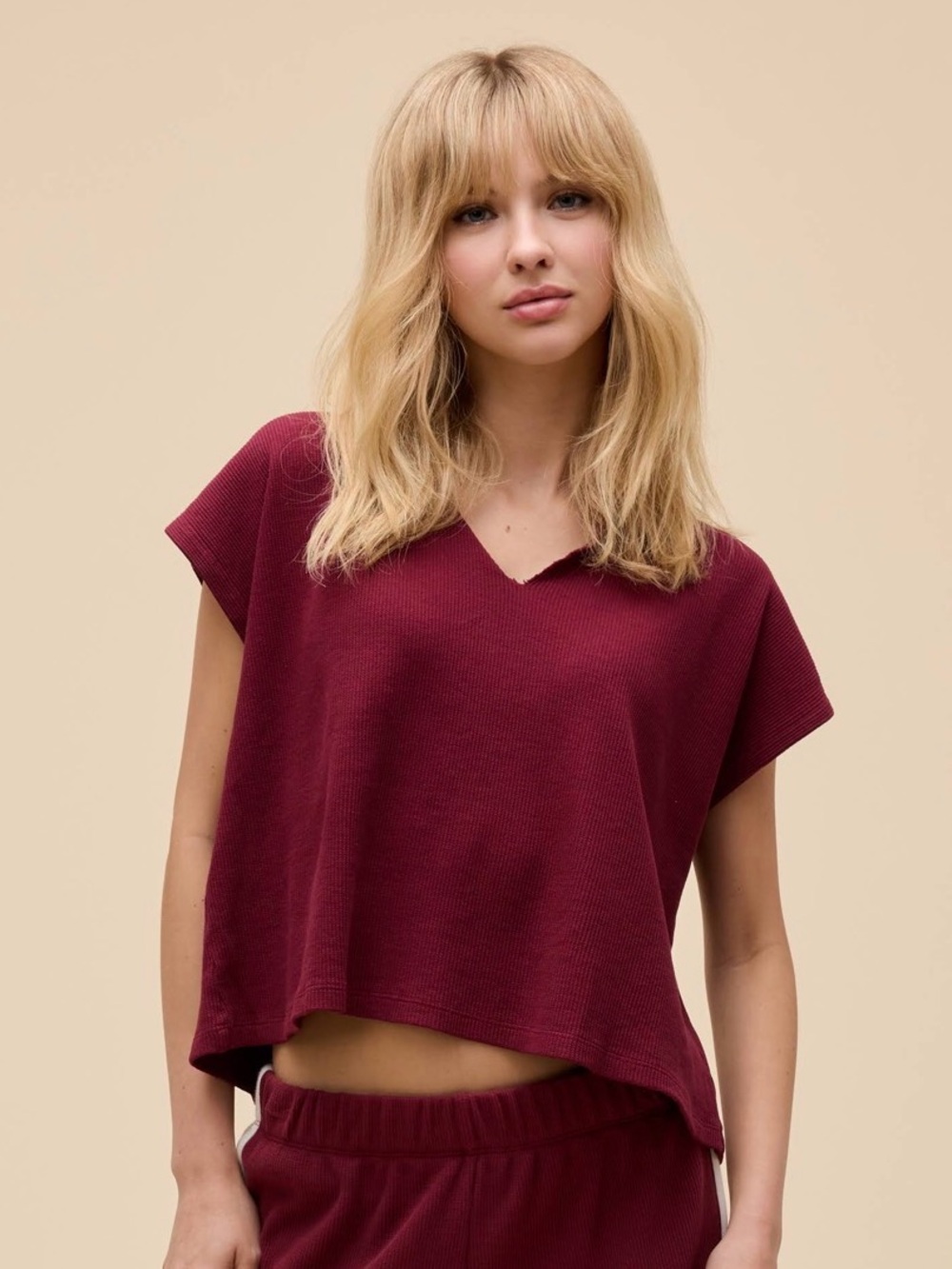 Daydreamer Women's Ribbed Short Sleeve Top - Burgundy